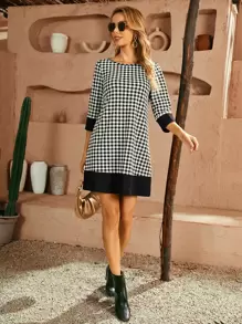 SHEIN Clasi Gingham Print Contrast Panel Dress - Black and White - View 4