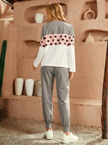 SHEIN LUNE 愛心圖案撞色落肩袖上衣和運動褲 - 彩色 - 查看 2