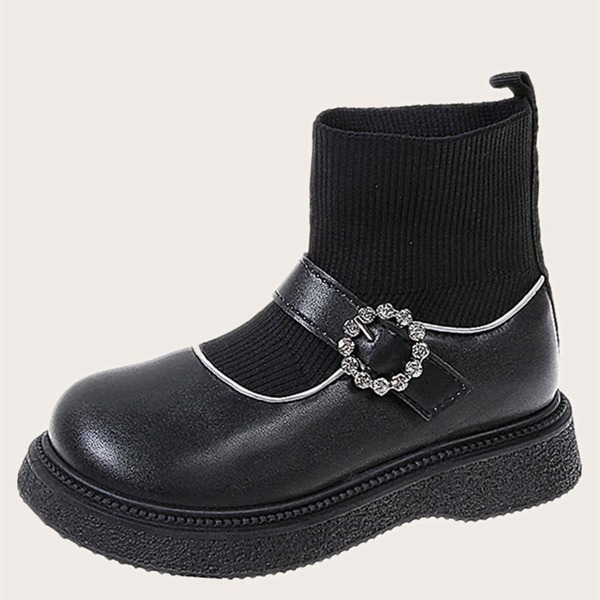 

Girls Rhinestone & Buckle Decor Slip-On Boots, Black