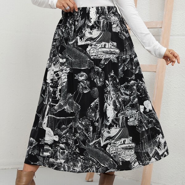 

Plus Allover Print A-line Skirt, Multicolor