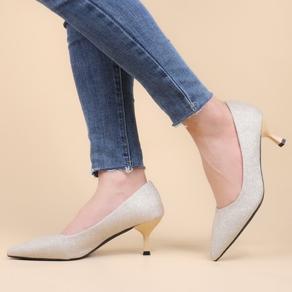 

Glitter Point Toe Court Pumps, Champagne