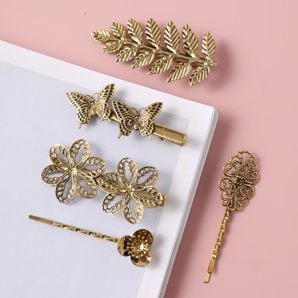 

5pcs Flower & Butterfly Decor Hair Clip, Bronze