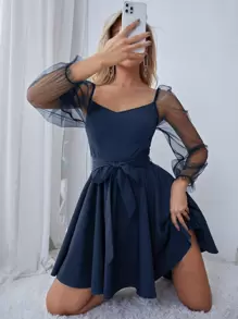 Chiquease Đầm Thắt lưng Tương phản Mesh viền lá sen cắt màu trơn Giải trí - Màu xanh hải quân - Xem 1