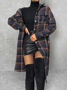 Chiquease Plaid Print Flap Pocket Drop Shoulder Coat Fall Winter Cloth For Women - Multicolor - View 1