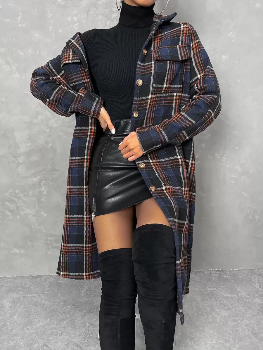 Chiquease Plaid Print Flap Pocket Drop Shoulder Coat Fall Winter Cloth For Women - Multicolor - View 1
