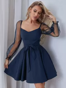 Chiquease Đầm Thắt lưng Tương phản Mesh viền lá sen cắt màu trơn Giải trí - Màu xanh hải quân - Xem 4