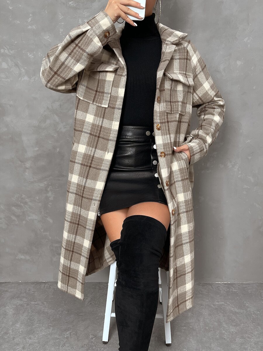 SHEIN Essnce Áo khoác nữ Nút phía trước Sọc ca rô Giải trí - Nhiều màu - Xem 1