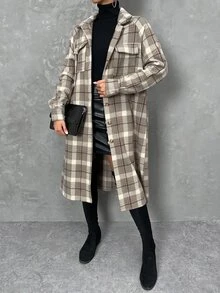 SHEIN Essnce Áo khoác nữ Nút phía trước Sọc ca rô Giải trí - Nhiều màu - Xem 4
