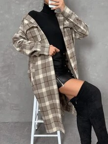 SHEIN Essnce Áo khoác nữ Nút phía trước Sọc ca rô Giải trí - Nhiều màu - Xem 5