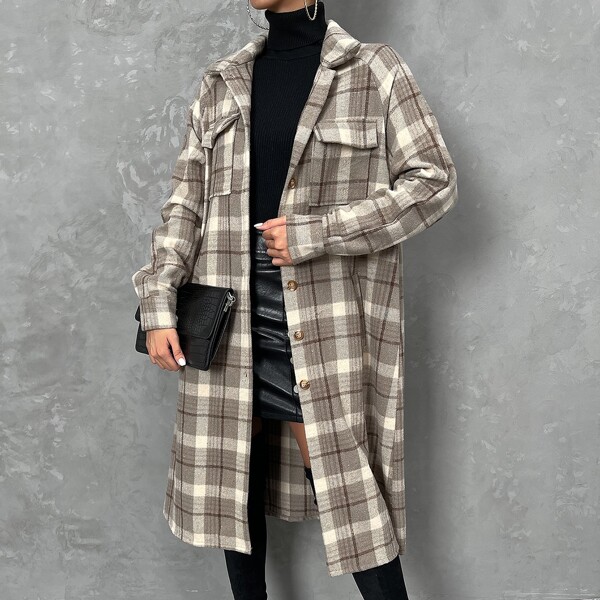 

Plaid Print Flap Pocket Drop Shoulder Coat, Multicolor