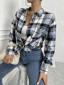 SHEIN LUNE 落肩袖蘇格蘭格紋長款襯衫 - 彩色 - 查看 3