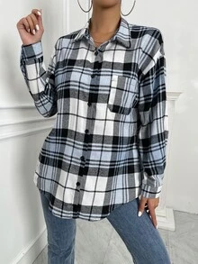 SHEIN LUNE 落肩袖蘇格蘭格紋長款襯衫 - 彩色 - 查看 6