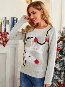 Jersey con patrón de Navidad de cuello redondo