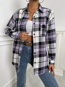SHEIN LUNE 落肩袖蘇格蘭格紋長款襯衫 - 彩色 - 查看 3