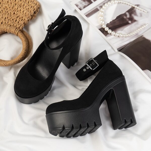 

Eyelet Buckle Decor Platform Chunky Ankle Strap Pumps, Black
