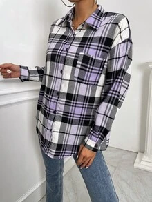 SHEIN LUNE 落肩袖蘇格蘭格紋長款襯衫 - 彩色 - 查看 5