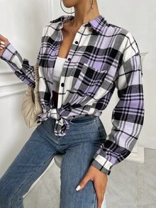 SHEIN LUNE 落肩袖蘇格蘭格紋長款襯衫 - 彩色 - 查看 6