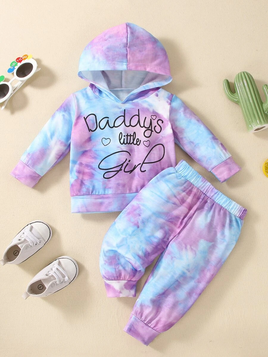 Baby Girl Letter Graphic Tie Dye Hoodie With Sweatpants