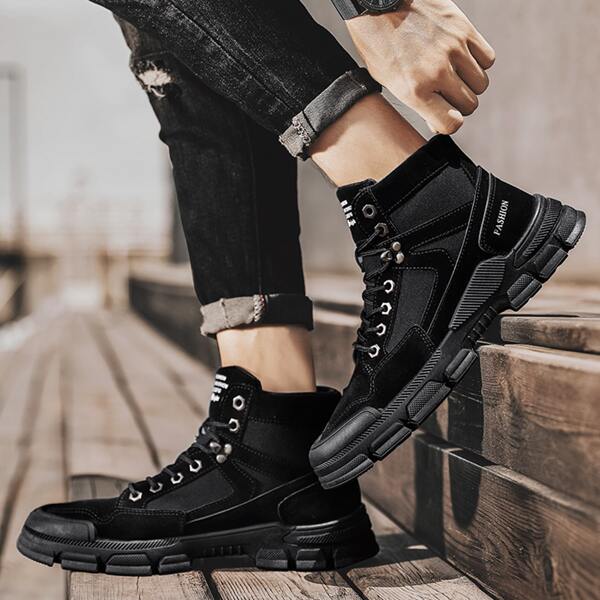 

Men Letter Patch Lace-up Front Boots, Black
