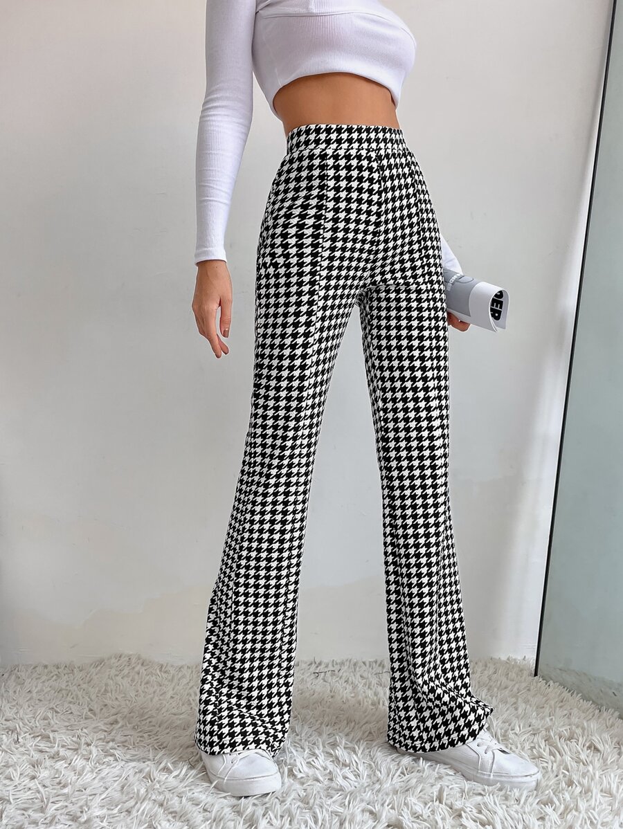 SHEIN Unity High Waist Houndstooth Flare Leg Trousers - Black and White - View 1