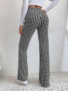 SHEIN Unity High Waist Houndstooth Flare Leg Trousers - Black and White - View 2