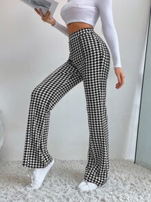 SHEIN Unity High Waist Houndstooth Flare Leg Trousers - Black and White - View 4