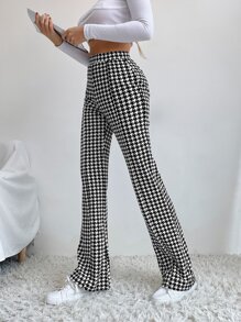SHEIN Unity High Waist Houndstooth Flare Leg Trousers - Black and White - View 5
