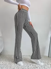 SHEIN Unity High Waist Houndstooth Flare Leg Trousers - Black and White - View 6