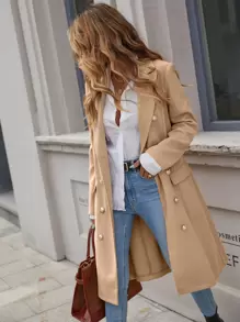 SHEIN Clasi Double Breasted Lapel Neck Overcoat - Khaki - View 1