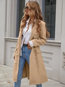 SHEIN Clasi Double Breasted Lapel Neck Overcoat - Khaki - View 4