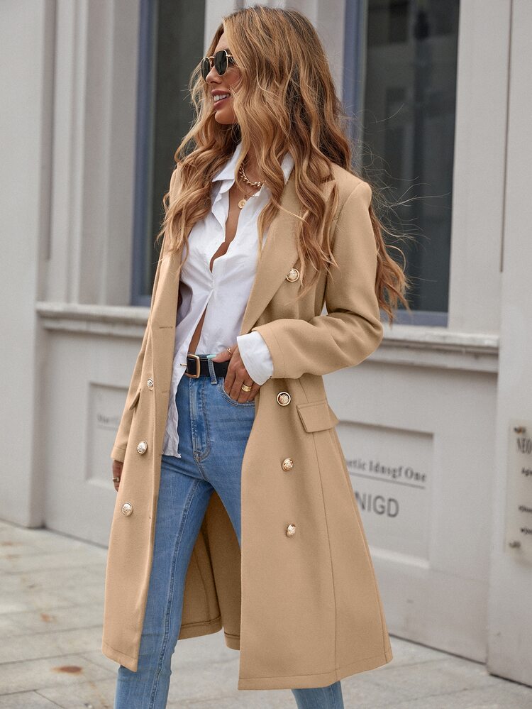 SHEIN Clasi Double Breasted Lapel Neck Overcoat - Khaki - View 4