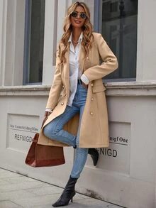 SHEIN Clasi Double Breasted Lapel Neck Overcoat - Khaki - View 6