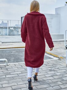 Eilly Bazar Single Button Teddy Midi Coat - Burgundy - View 2