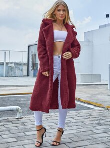 Eilly Bazar Single Button Teddy Midi Coat - Burgundy - View 1