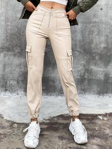 Eilly Bazar 斜口袋PU皮革工裝褲 - 米色 - 查看 3