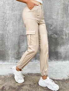 Eilly Bazar 斜口袋PU皮革工裝褲 - 米色 - 查看 4