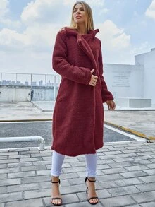 Eilly Bazar Single Button Teddy Midi Coat - Burgundy - View 5