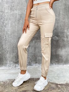 Eilly Bazar 斜口袋PU皮革工裝褲 - 米色 - 查看 6