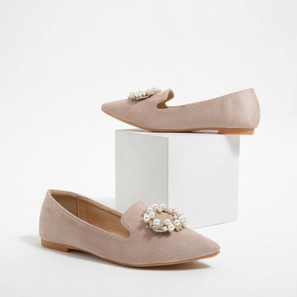 

Faux Pearl Decor Suede Flats, Apricot
