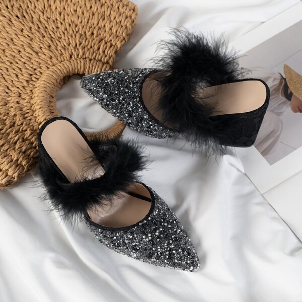 

Fluffy Rhinestone Decor Chunky Mules, Black