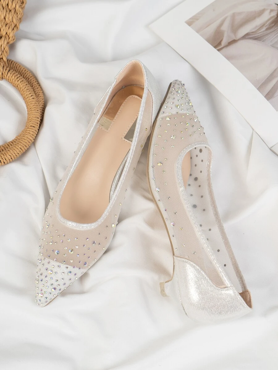 Rhinestone Decor Kitten Heeled Court Pumps - Silver - View 1