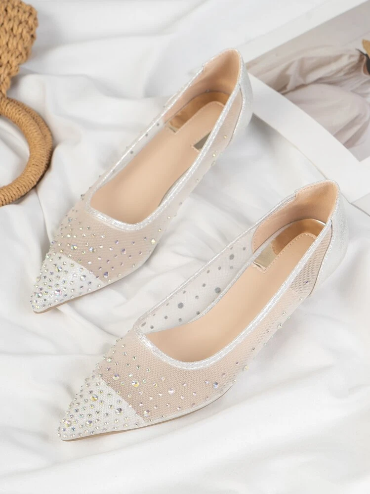 Escarpins avec strass à talons petits - Argent - Voir 2