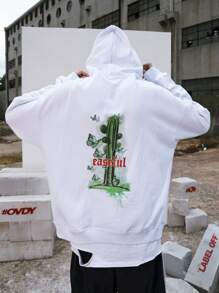 男士仙人掌和蝴蝶圖案袋鼠口袋落肩袖連帽衫 - 白色 - 查看 1