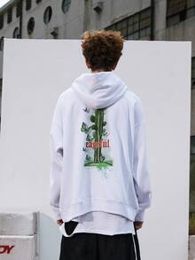 男士仙人掌和蝴蝶圖案袋鼠口袋落肩袖連帽衫 - 白色 - 查看 2