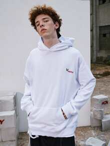 男士仙人掌和蝴蝶圖案袋鼠口袋落肩袖連帽衫 - 白色 - 查看 4