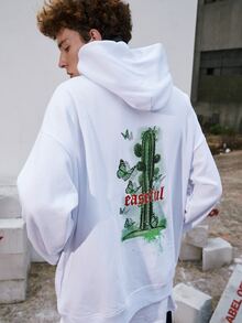 男士仙人掌和蝴蝶圖案袋鼠口袋落肩袖連帽衫 - 白色 - 查看 5