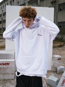 男士仙人掌和蝴蝶圖案袋鼠口袋落肩袖連帽衫 - 白色 - 查看 6