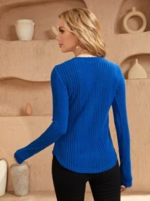 SHEIN LUNE Rib-knit Curved Hem Tee - Royal Blue - View 2