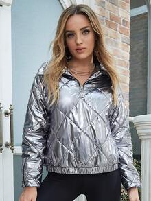 Half Zip Drop Shoulder Padded Coat - Light Grey - View 4