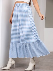 Plus High Waist Gingham Ruffle Hem Skirt - Blue and White - View 1